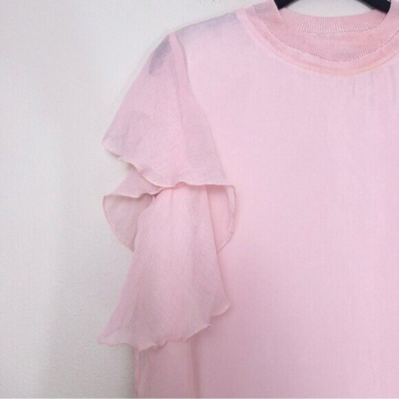 Sandro Ruffle Flutter Sleeve Blouse Top M Pink Cupro Lightweight Crewneck - Picture 5 of 11